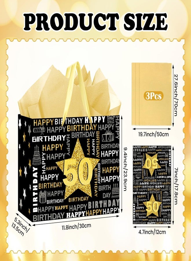 Woosytoo Black Gold 50th Birthday Gift Bag Large Vintage Happy 50th Birthday Gift Bag with Wrapping Paper and Greeting Card for Man Women 50th Fifty Year Old Bday Decorations Party Supplies - Image 3